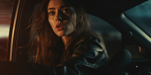 Poster - A woman is pictured driving a car in the dark. This image can be used to illustrate nighttime driving, road trips, or the feeling of solitude while traveling