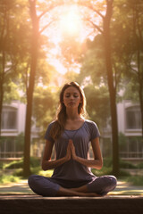 Poster - A woman is seen sitting in a yoga position in a serene park. This image can be used to depict relaxation, mindfulness, and practicing yoga outdoors