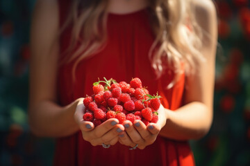 Poster - A woman in a red dress holding a bunch of raspberries. This image can be used in food and nutrition blogs, recipe websites, or advertisements promoting fresh produce