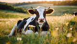 Fototapeta  - Vaca blanca con manchas negras sentada en un prado verde al atardecer, en un campo grande con pasto, animal de granja, hora dorada, mirando hacia la camara