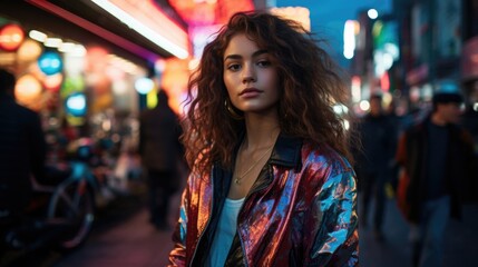 Canvas Print - A woman standing on a city street at night