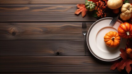 Canvas Print - A white plate with a fork and knife on a wooden table