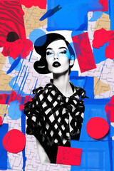 Wall Mural - Pop collage Illustration of a beautiful female fashion model with sunglasses over colorful and vibrant patterns and shapes, Fashion, pop art	
