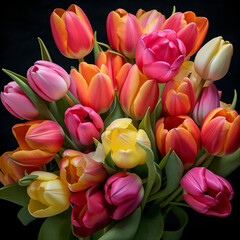  fondo con detalle y textura de varios tulipanes de diferentes colores sobre fondo de color negro