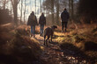 People and dog walking in the forest 