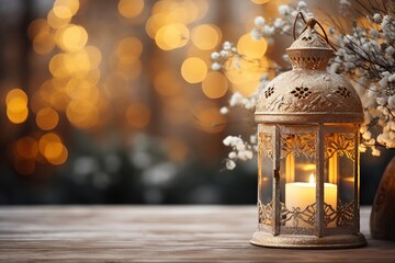 Wall Mural - Christmas lantern in the snow with decorations in the evening scene. Ai generative