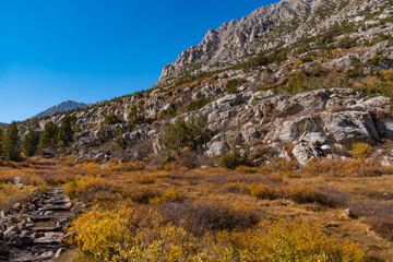 Wall Mural - Hiking in Little Lakes Valley in the Eastern Sierra Nevada Mountains outside of Bishop, California. Alpine lakes, fall leaf colors, snow capped mountains and evergreen trees combine to make a pictures