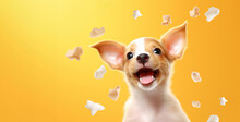 Excited Puppy With Wide Eyes Surrounded By Floating Treats On A Bright Yellow Background.