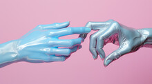 Ethereal Touch Between Shimmering Futuristic Hands On A Pop-colored Background.