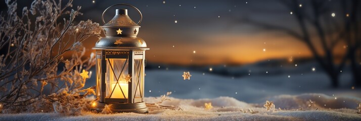 Wall Mural - Christmas glowing lantern stands on snowy ground against bokeh of holiday lights. Ai generative