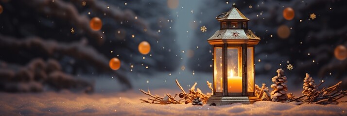 Wall Mural - Christmas glowing lantern stands on snowy ground against bokeh of holiday lights. Ai generative