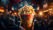 Beautiful hand holding a large bucket of popcorn in a cinema theatre full of people, blurred background with bokeh lights