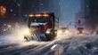 Snow plow clearing road after winter snow storm. Ai generative