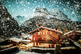 Fototapeta  - winter night Grindelwald snowy mountain, stars and wooden house