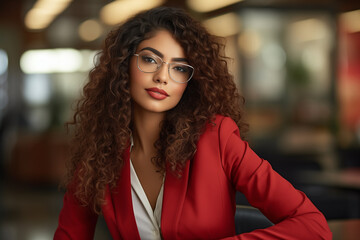 Wall Mural - A stunning Latina corporate woman in a modern office. The woman is wearing a red jacket and skirt. Her long curly hair. The background of the shot is an elegant office