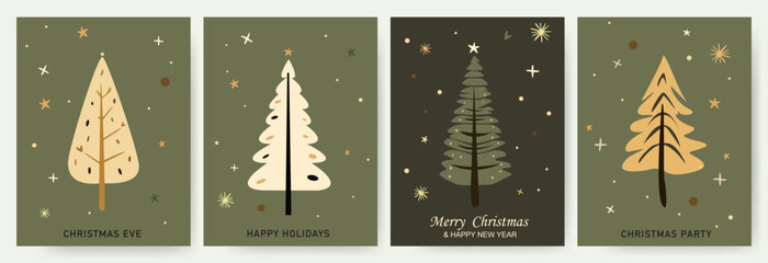 Wall Mural - Modern universal art templates. Merry Christmas. Holiday cards and invitations with hand drawn Christmas trees on a green background. Vector illustration