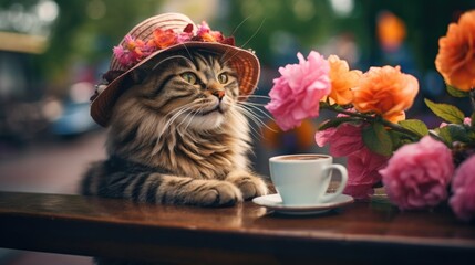 Sticker - A cat wearing a hat sitting next to a cup of coffee