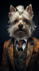 Wall Mural - Dog, Yorkshire, dressed in an elegant suit with a nice tie. Fashion portrait of an anthropomorphic animal posing with a charismatic human attitude