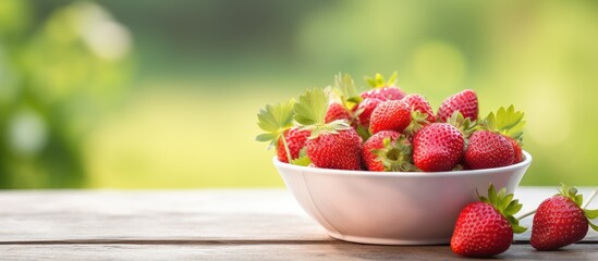 Wall Mural - Fresh summer berries in a white bowl in a countryside garden