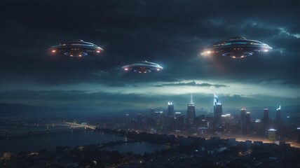 Three UFOs with lights in the night sky hovering over a Major City 