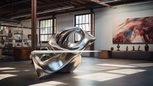 An Artistic Workspace With An Aluminum Abstract Sculpture, Positioned Amidst A Creative Environment, Embodying The Spirit Of Artistic Innovation