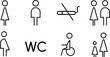Toilet line icon set. WC sign. Men,women,mother with baby and handicap symbol. Restroom for male, female, transgender, disabled. Vector graphics, black and white icons