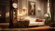 an elegant living room with a classic grandfather clock, its rhythmic ticking adding a touch of warmth to the atmosphere