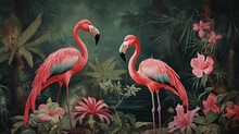Wallpaper Jungle And Leaves Tropical Forest Mural Flamingo And Birds Old Drawing Vintage Background