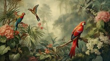 Wallpaper Jungle And Leaves Tropical Forest Mural Parrot And Birds Butterflies Old Drawing Vintage Background 