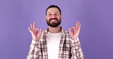 Young Bearded Man Showing Okay Hand Sign And Winking As If Approving Suggestion, Millennial Guy Completely Agree And Support, Isolated On Purple Studio Background.