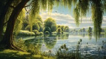 An Image Of A Peaceful Countryside Lake, Framed By Weeping Willows, With Their Branches Grazing The Water's Surface