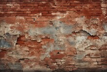 Crumbling Red Brick Weathered Urban Wall Textured Background.