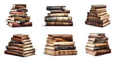 A Collection Of Old Books Stacked On Top Of Each Other. Clipart On White Background.