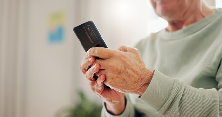 Aufkleber - Home, closeup and senior hands with a smartphone, typing and connection with social media, digital app and contact. Old man, pensioner or mature guy with a cellphone, mobile user and search internet