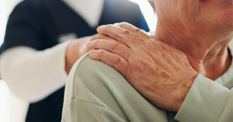 Wall Mural - Closeup, holding hands and nurse with old man, empathy and support with retirement, healthcare and home. Elderly person, caregiver and senior pensioner with hope, comfort and sympathy with trust