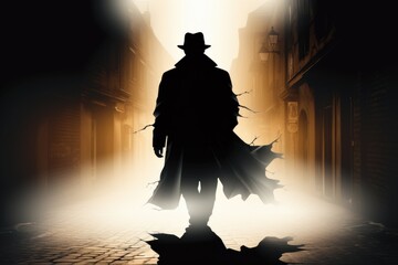 A silhouette of a man in a hat and trenchcoat walking down a street.