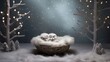 Beautiful newborn photography backdrop for Christmas, winter theme. Cute owls in a basket covered with soft material. Trees with ligths and snow. Generative AI