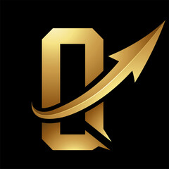 Gold Futuristic Letter Q Icon with a Glossy Arrow
