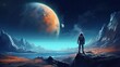 Sci-fi concept of an astronaut standing on huge rock looking at the acid planet, digital art style