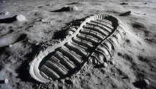 Astronaut's boot imprint on the surface of the moon, closeup