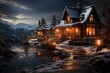 A snowy landscape with a charming cabin, softly lit lanterns, and a starry sky, creating a magical Christmas ambiance. Generative Ai