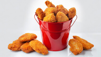 fried chicken hot crispy strips crunchy pieces of tenders in a bucket large red box isolated in white background