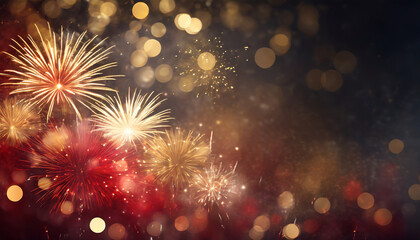 Wall Mural - gold and dark red fireworks and bokeh in new year eve and copy space abstract background holiday ai generative