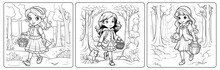 Cute Girl With Basket Walking On The Forest Coloring Book Page For Kids