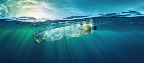 Wall Mural - floating plastic bottle pollutes the blue sea water and the environment