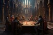 A group of knights gathered around a round table in a castle.
