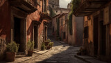 Fototapeta Fototapeta uliczki - Ancient Italian architecture, narrow streets, and old fashioned lanterns at dusk generated by AI