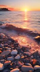  stone seashore against the backdrop of sunset