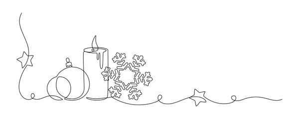 Poster - One continuous line drawing of Christmas greeting card. Festive candle with snowflake and christmas tree toy for winter xmas holiday concept in simple linear style. Doodle contour vector illustration