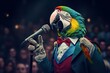Charismatic parrot politician delivering a speech to fellow birds.